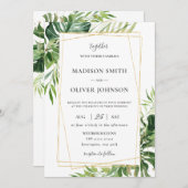 Tropical Greenery Leafy Gold Geometric Wedding Einladung (Vorne/Hinten)