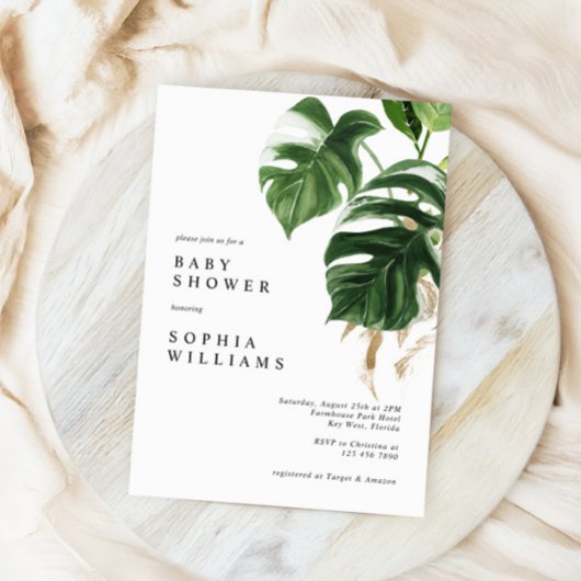 Tropical Greenery Leaves Modern Baby Shower Einladung