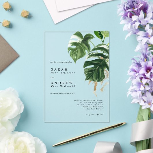 Tropical Greenery Leaves Modern Minimal Wedding Acryleinladungen (In Situ (Hochzeit))