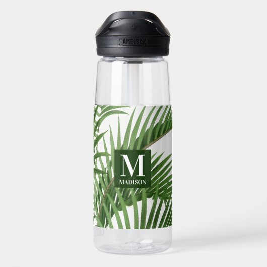Tropical Greenery Palm Tree Mit Monogramm Trinkflasche (Rückseite)