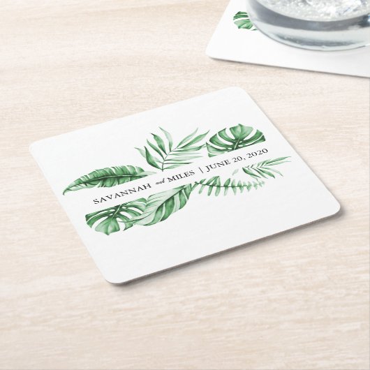 Tropical Greenery Palm Wedding Monogram Rechteckiger Pappuntersetzer (angewinkelt)