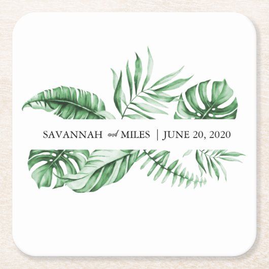 Tropical Greenery Palm Wedding Monogram Rechteckiger Pappuntersetzer (Vorderseite)