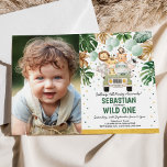 Tropical Greenery Safari Tiere Wild Ein Geburtstag Einladung<br><div class="desc">Safari-Geburtstags-Foto-Einladung mit tropischem Grün und goldfarbenem Aquarell und einer Gruppe niedlicher Dschungeltiere</div>