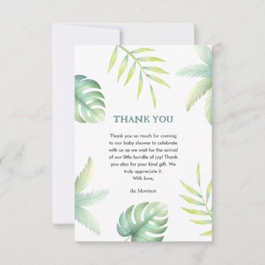 Tropical Greenery Watercolor Green Baby Dusche Dankeskarte (Vorderseite)