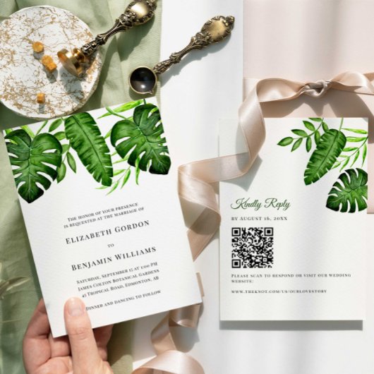 Tropical Greenery Wedding QR Code RSVP Botanical Einladung