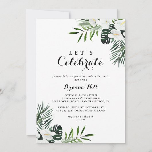 Tropical Greenery White Feiern wir Party Einladung (Vorderseite)