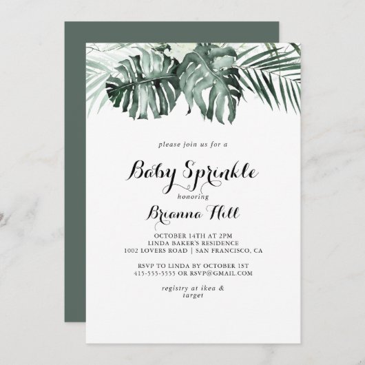 Tropical Greenery White Floral Baby Sprinkle Einladung (Vorne/Hinten)