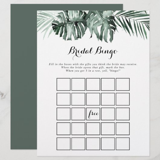 Tropical Greenery White Floral Bridal Bingo Spiel (Vorne/Hinten)