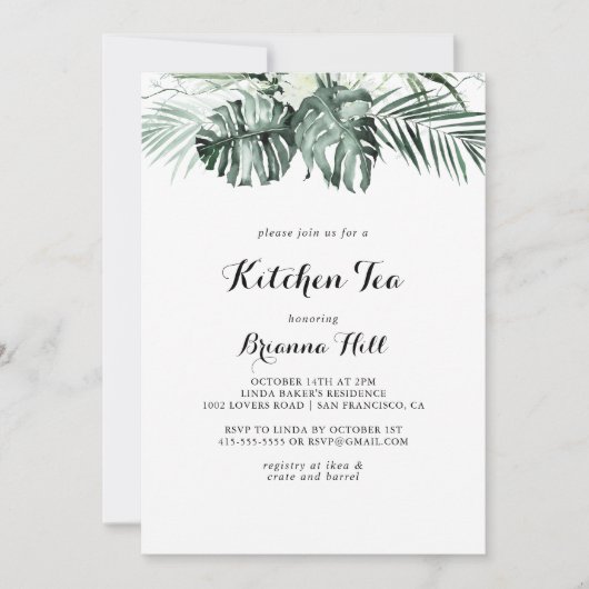 Tropical Greenery White Kitchen Tea Brautparty Einladung (Vorderseite)