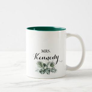 Tropical Greenery White Mrs. Newlywed Bride Zweifarbige Tasse