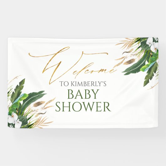 Tropical Greenery White Orchid Baby Dusche Empfang Banner (Horizontal)