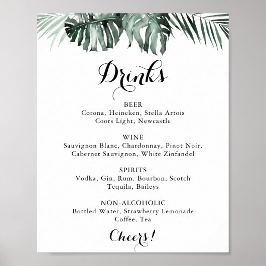 Tropical Greenery White Wedding Drinks Menü Zeiche Poster (Vorne)