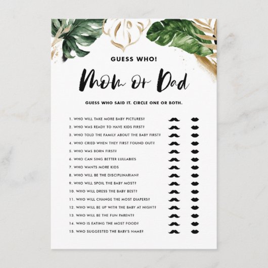 Tropical Guess Who Mama oder Vater Baby Showspiel Begleitkarte (Vorderseite)