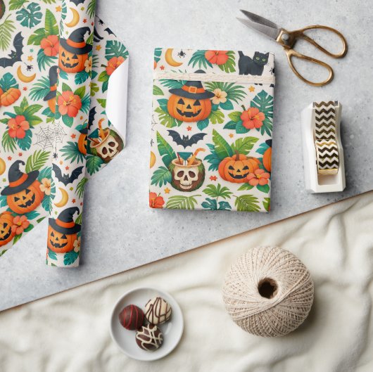 Tropical Halloween Pumpkins Geschenkpapier (Kunsthandwerk)
