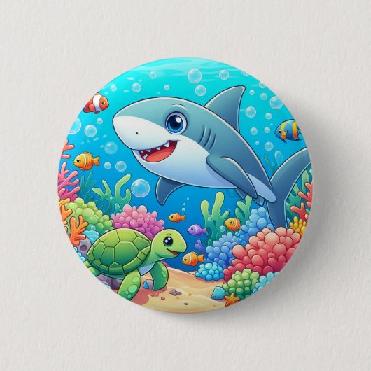 Tropical/Hawaii colorful underwater shark & turtle Button (Vorderseite)