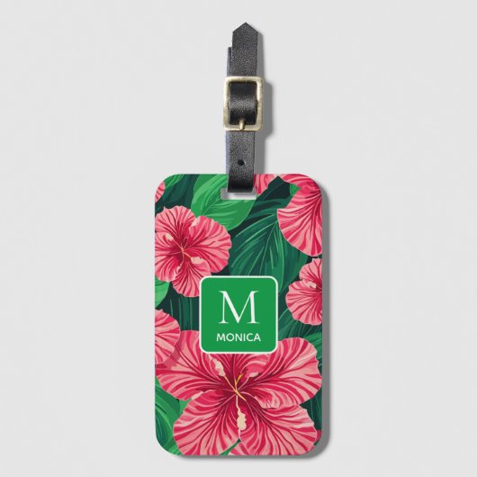 Tropical Hawaii Hibiskus Palm Blätter Monogram Gepäckanhänger (Vorderseite Vertikal)