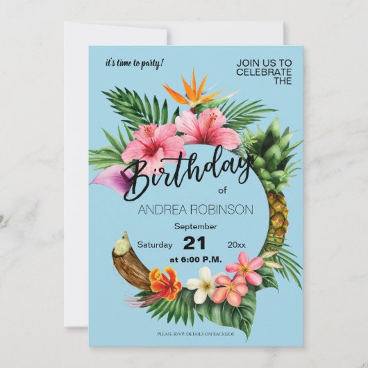 Tropical Hawaiian Floral Birthday Party Light Blue Einladung (Vorderseite)