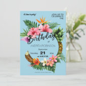 Tropical Hawaiian Floral Birthday Party Light Blue Einladung (Stehend Vorderseite)