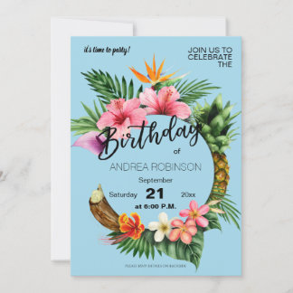 Tropical Hawaiian Floral Birthday Party Light Blue Einladung