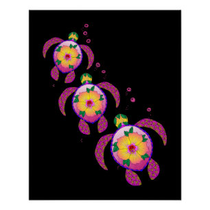 Tropical Hawaiian Honu Turtles Poster