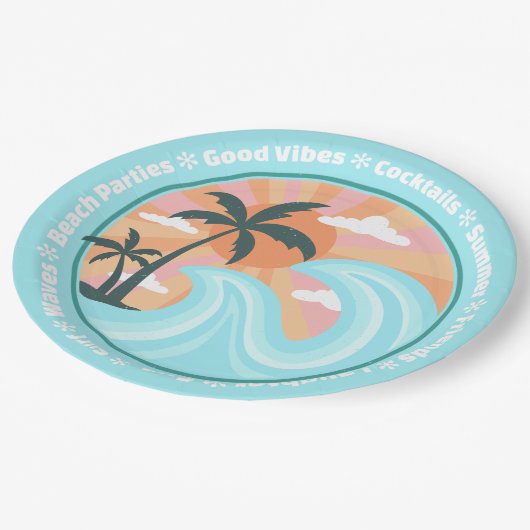 Tropical Hawaiian Island Palm Trees Good Vibes Pappteller (Schrägansicht)