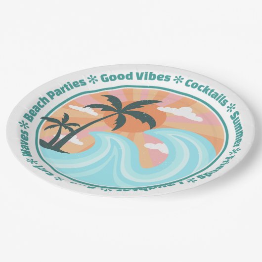 Tropical Hawaiian Island Palm Trees Good Vibes Pappteller (Schrägansicht)