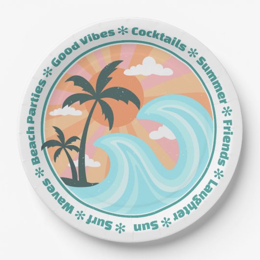 Tropical Hawaiian Island Palm Trees Good Vibes Pappteller (Vorderseite)