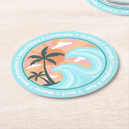 Tropical Hawaiian Island Palm Trees Good Vibes Runder Pappuntersetzer (Angewinkelt)