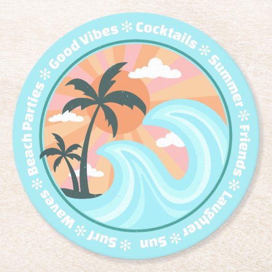 Tropical Hawaiian Island Palm Trees Good Vibes Runder Pappuntersetzer (Vorderseite)