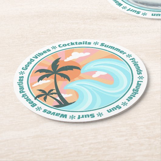Tropical Hawaiian Island Palm Trees Good Vibes Runder Pappuntersetzer (Angewinkelt)