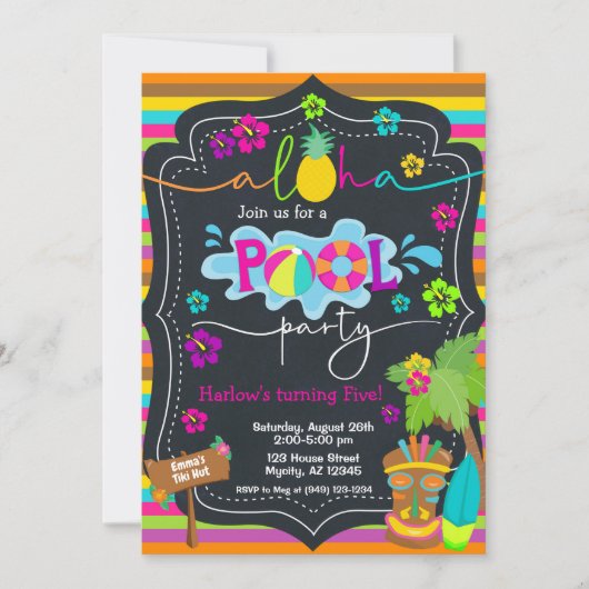 Tropical Hawaiian Luau Pool Party Kind's Geburtsta Einladung (Vorderseite)