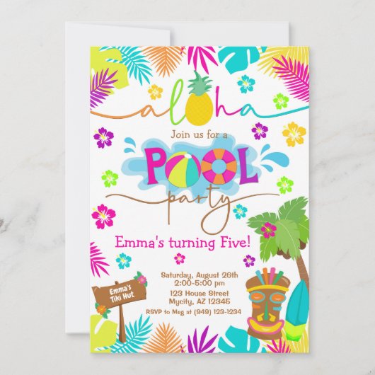 Tropical Hawaiian Luau Pool Party Kind's Geburtsta Einladung (Vorderseite)