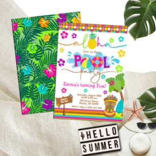 Tropical Hawaiian Luau Pool Party Kind's Geburtsta Einladung