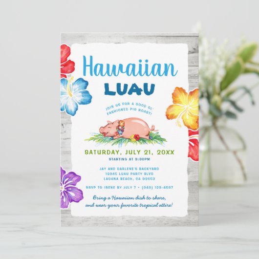 Tropical Hawaiian Luau | Rustikaler Schweinebrast Einladung (Stehend Vorderseite)