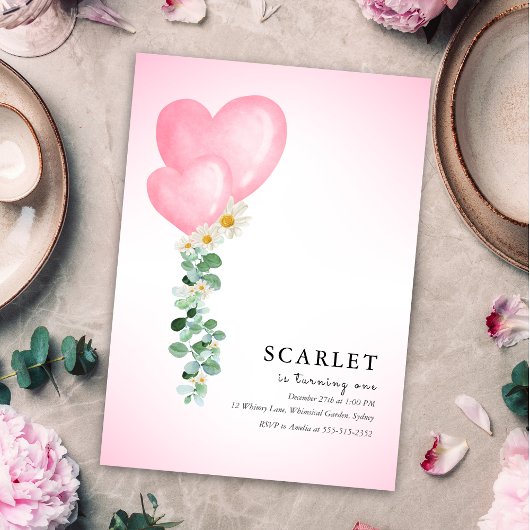 Tropical hearts balloons simple first birthday   einladung