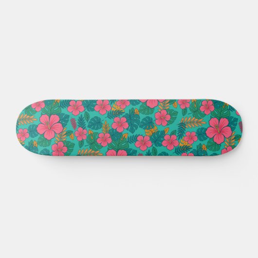 Tropical Hibiscus and Palm Leaf Pattern Skateboard (Horizontal)