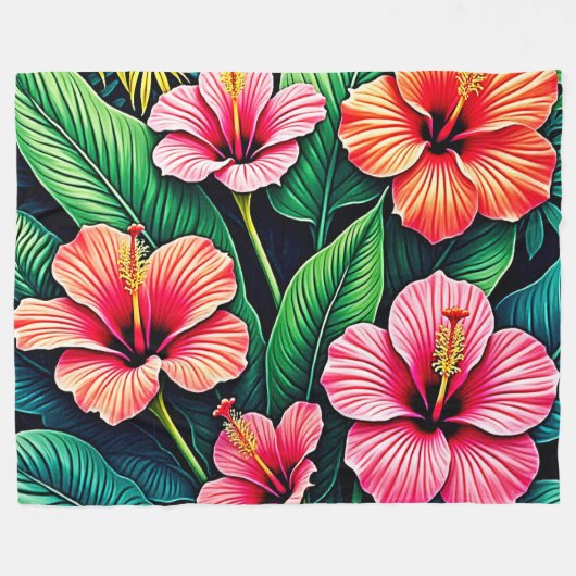 Tropical Hibiscus Bloom Artistry Fleecedecke (Vorderseite (Horizontal))