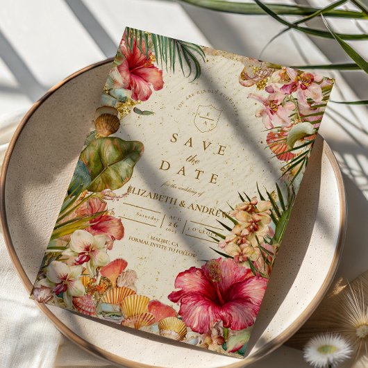 Tropical Hibiscus Botanical Wedding Save The Date