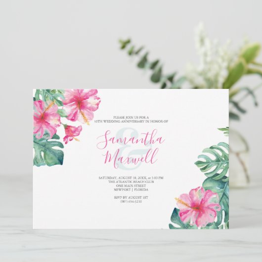 Tropical Hibiscus Flower Anniversary Invite (Stehend Vorderseite)
