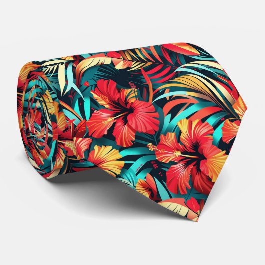 Tropical Hibiscus & Palm Leaves Seamless Pattern Krawatte (Gerollt)