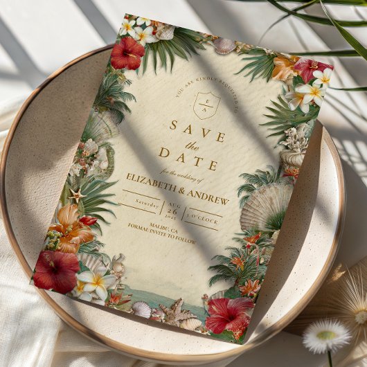 Tropical Hibiscus Seashell Wedding Save The Date