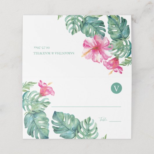 Tropical Hibiscus & Watercolor Greenery Wedding Platzkarte (Außenseite Aufgefaltet)