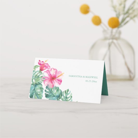 Tropical Hibiscus & Watercolor Greenery Wedding Platzkarte (Rückseite)