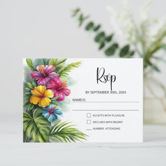Tropical Hibiscus Wedding RSVP (Stehend Vorderseite)