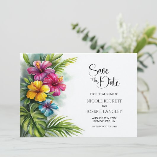 Tropical Hibiscus Wedding Save the Date (Stehend Vorderseite)