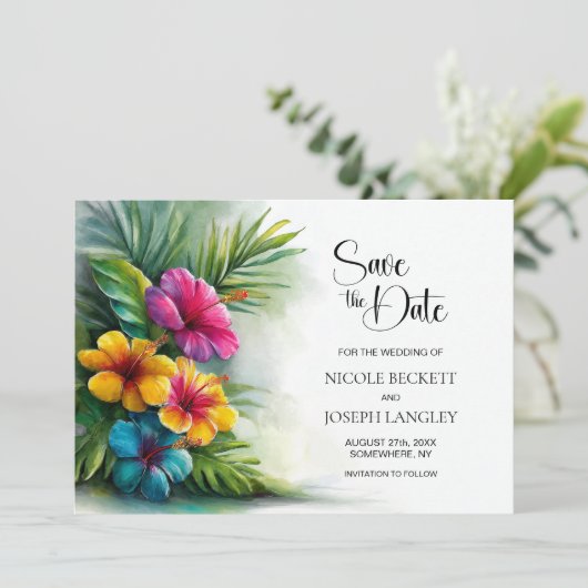 Tropical Hibiscus Wedding Save the Date (Stehend Vorderseite)