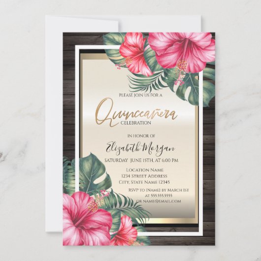 Tropical Hibiscus Wood Quinceanera Einladung (Vorderseite)