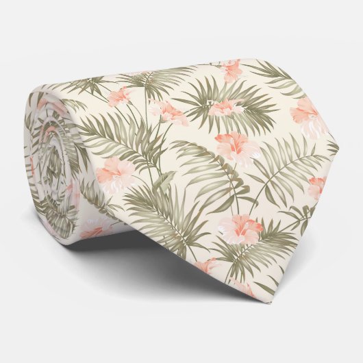 Tropical Hisbiscus Palm Tree Muster Krawatte (Gerollt)