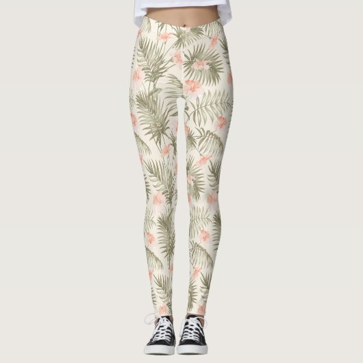 Tropical Hisbiscus Palm Tree Muster Leggings (Vorderseite)