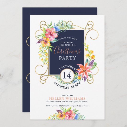 Tropical Holiday Cheers Blume & Gold Frame Einladung (Vorne/Hinten)